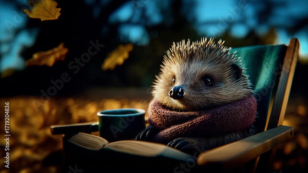 Fototapeta hedgehog reads book while sitting in a chair on a late autumn evening, cup of hot tea warms on a cool evening, a poster with a cute anthropomorphic hedgehog in a dark key about rest and recuperation