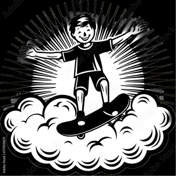 Obraz Smiling boy on cloud skateboard, radiant surroundings.