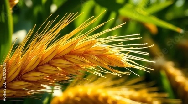 Obraz 輝く小麦畑の穂のクローズアップ 夏の太陽光