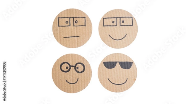 Fototapeta Set collection or collage of hand drawn face emoji with glasses on corrugated cardboard paper isolated on transparent background