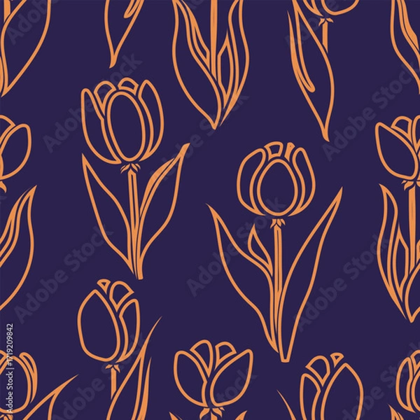 Obraz A versatile vector seamless pattern. This abstract design features yellow stylized tulips, creating a dynamic and cheerful texture against a dark background.
