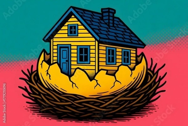 Obraz Home Nest Egg Illustration with Cracked Eggshell for Real Estate and Financial Planning