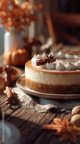 Fototapeta A delectable pumpkin cheesecake, adorned with whipped cream and star anise, rests on a rustic wooden table, surrounded by autumnal leaves and gourds, bathed in warm, natural light