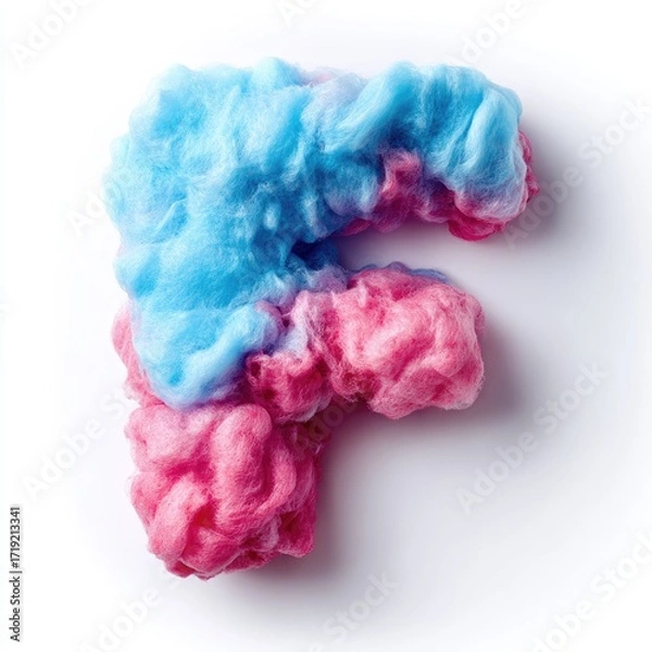 Fototapeta A capital letter 'F' formed from pink and light-blue spun sugar, set against a stark white background.  The sugary confection creates a soft, fluffy texture