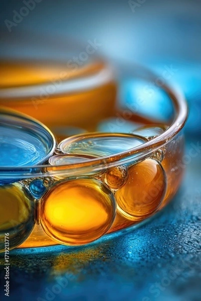 Fototapeta Close-up of a petri dish containing vibrant, translucent, golden and blue liquids, exhibiting spherical formations and subtle air bubbles.  The background is a blurred, cool-toned blue