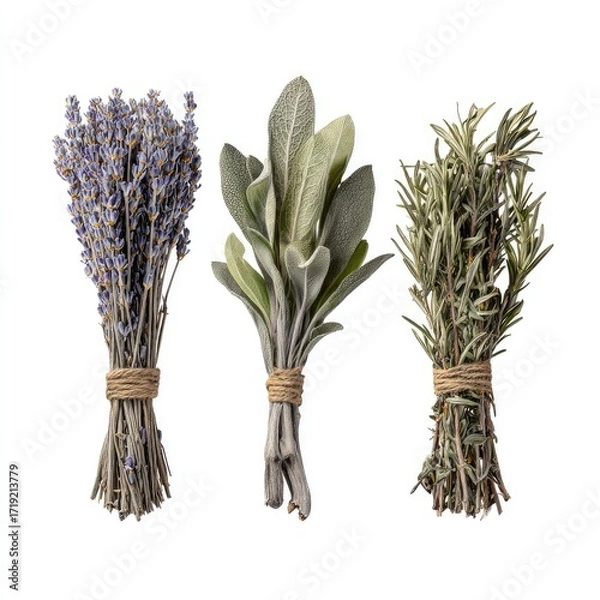 Fototapeta Three small bundles of dried culinary herbs, lavender, sage, and rosemary, are arranged against a white background.  Each bundle is tied with twine