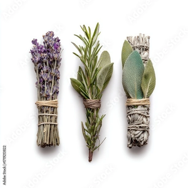 Fototapeta Three bundles of dried herbs, lavender, rosemary, and sage, are arranged against a stark white backdrop.  Each bundle is tied with twine, showcasing their natural textures and colors
