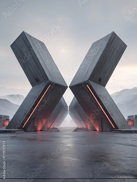 Fototapeta Futuristic X-shaped concrete structure in a desolate, mountainous landscape, illuminated with glowing orange lines at its base and reflected on a wet ground