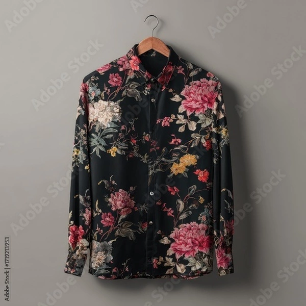 Fototapeta A black long-sleeved button-up shirt with a vibrant floral print hangs on a wooden hanger against a neutral backdrop.  The shirt features a variety of colorful flowers and foliage