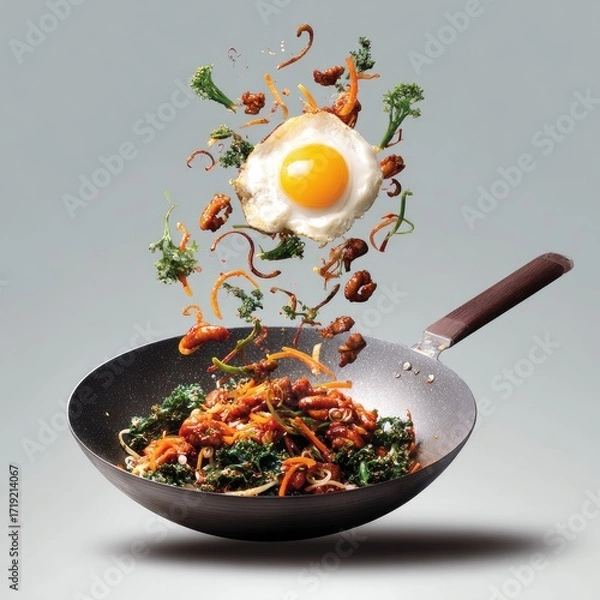 Fototapeta A fried egg floats above a wok filled with a vibrant stir-fry, showcasing the ingredients in mid-air against a muted background