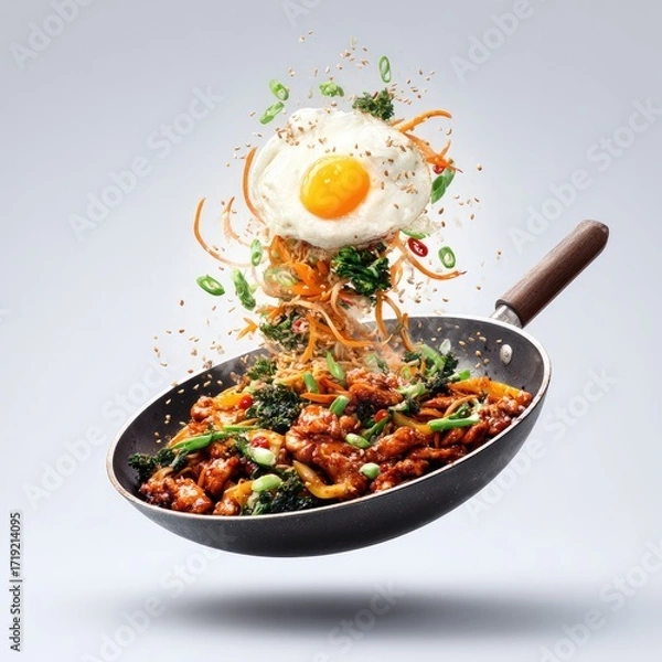 Fototapeta A dynamic shot of a stir-fry in a suspended pan, with a fried egg and assorted vegetables in mid-air, showcasing a vibrant and appetizing culinary scene