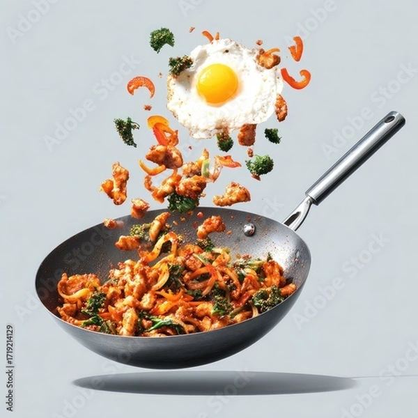 Fototapeta A wok filled with stir-fried meat and vegetables is shown in mid-air, with a fried egg and additional ingredients suspended above it, against a light gray background