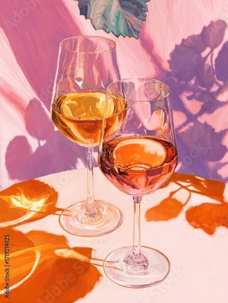 Fototapeta Two wine glasses, one white and one ros?, sit on a table, bathed in warm light and leaf shadows, creating a vibrant, summery scene