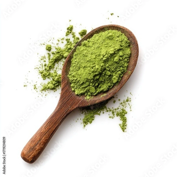 Fototapeta A wooden spoon overflowing with vibrant green matcha powder, scattered against a clean white background, showcasing the fine texture and bright color of the tea