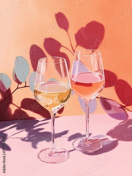 Fototapeta Two wine glasses, one white and one ros?, sit on a pink surface against a warm orange backdrop.  Eucalyptus leaves cast shadows
