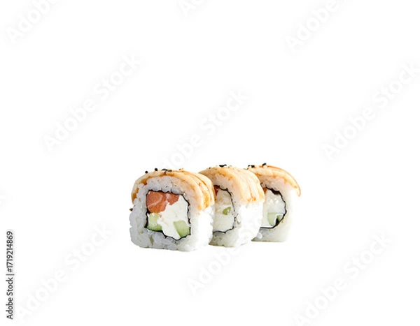 Fototapeta Three sushi rolls, seared, filled with salmon, cream cheese, and cucumber, displayed on a black background