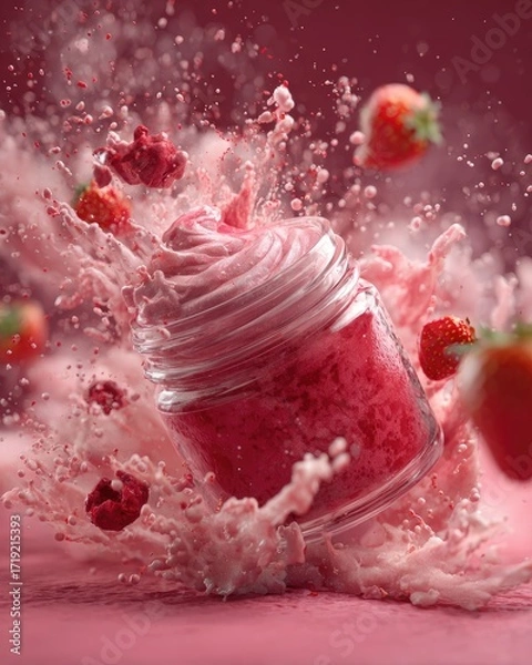 Fototapeta A glass jar filled with pink, whipped strawberry substance is shown in mid-air, surrounded by a splash of the same substance and several strawberries.  The background is a deep pink