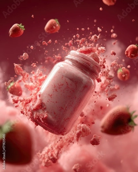 Fototapeta A mason jar filled with pink strawberry mixture explodes mid-air, surrounded by flying strawberry pieces and a pink cloud-like substance against a deep red background