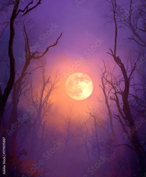 Fototapeta A large, full moon glows warmly in a dusky purple sky, partially obscured by bare, silhouetted trees in a misty forest.  The scene is serene yet slightly eerie