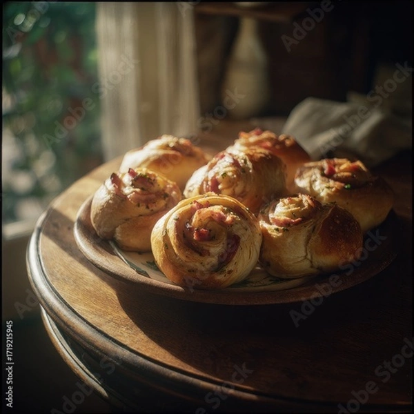 Fototapeta Sunlit pastry swirls on a rustic wooden table near a window