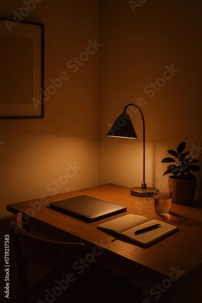Obraz Cozy night desk setup for blog posts, productivity visuals, or wellness topics