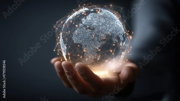 Obraz Holding Digital World Globe Network in Hand Business Connectivity Concept Ultra high quality, smooth details, soft lighting, glowing light realistic , 8K resolution