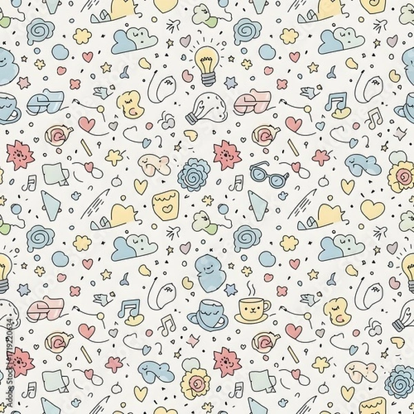 Fototapeta A whimsical doodle pattern featuring a variety of cute, hand-drawn icons like clouds, hearts, lightbulbs, and coffee cups on a light background.