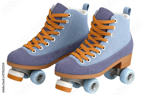 Obraz Retro roller skates featuring a blue and orange color scheme with a stylish design and wooden accents.