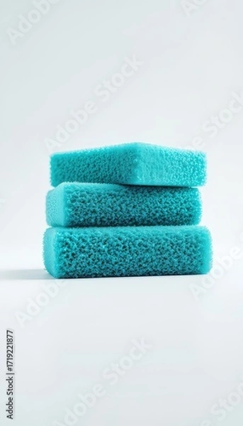 Fototapeta Stack of three rectangular teal sponges used for household chores on a plain white background