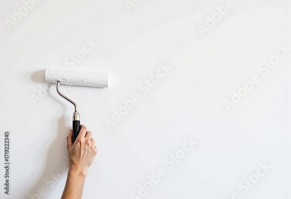Fototapeta Person Skillfully Using a Paint Roller to Apply a Coat of White Paint on a Smooth Wall, Focusing on Clean, Even Application Techniques with Minimal Streaks