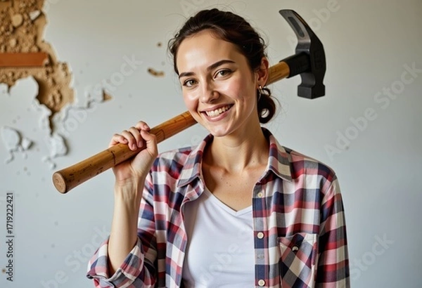 Fototapeta Confident Woman in Checkered Shirt Holding a Hammer Against a Renovation Wall, Smiling Brightly at the Camera in a Home Improvement Project Setting