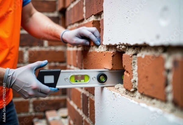 Fototapeta Close-up of construction worker using a spirit level to align bricks precisely on a brick wall under construction, ensuring perfect horizontal and vertical alignment