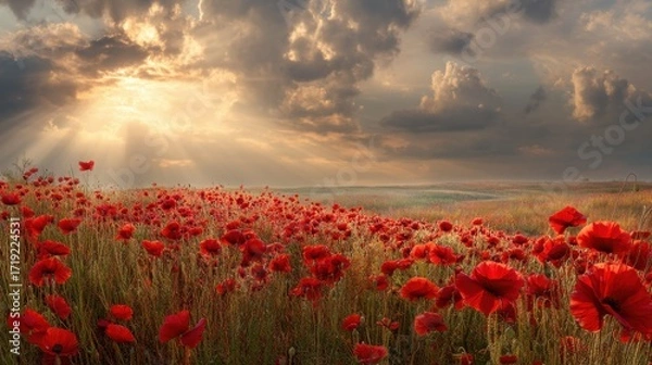 Fototapeta Red poppy flower field blooming under a dramatic sunset sky with sun rays. Nature background or Remembrance Day concept.