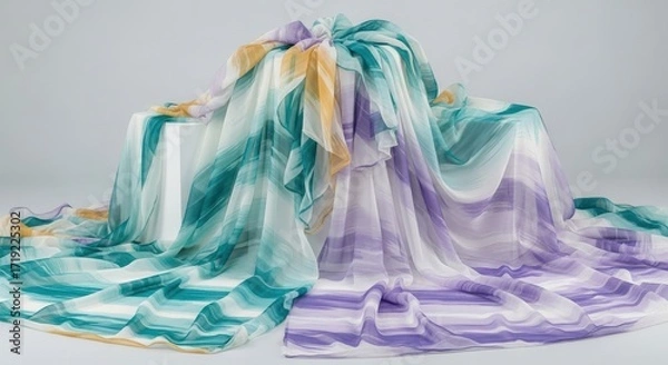 Fototapeta Colorful flowing fabric draped over white surface abstract design.