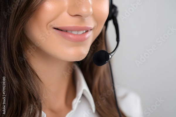 Fototapeta Smiling female operator with headset. Business image for call center and customer support