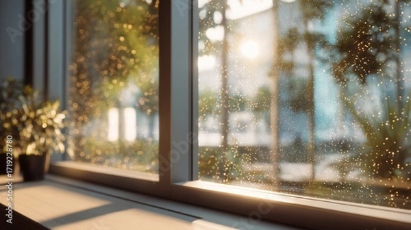 Obraz Sparkling new PVC windows with double glazing installed in a modern office, highlighting energy-efficient and noise-reducing benefits of plastic window renovations for a comfortable workspace