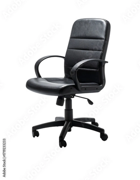 Fototapeta Black leatherette office chair with padded backrest, armrests, and five-star base.  Swivel functionality and caster wheels