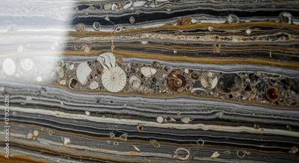 Fototapeta Fossilized Stone Texture: Ammonites and Layers Close-up View.