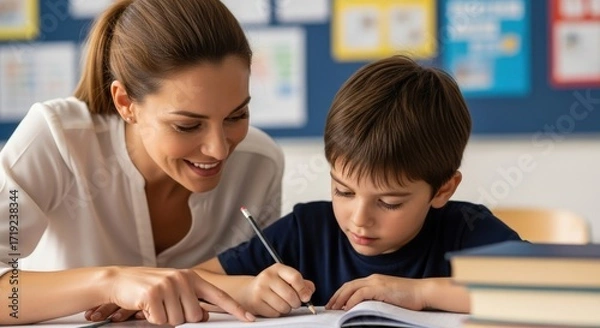 Fototapeta Teacher helping student with homework in classroom.