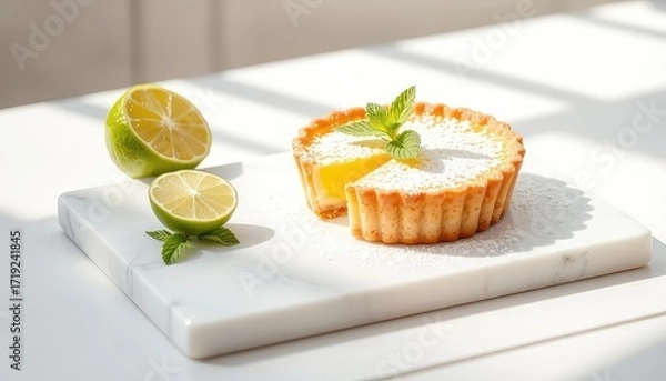 Fototapeta Lime tart with powdered sugar and mint garnish presented on white marble with halved limes and bright natural lighting