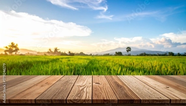 Fototapeta Wooden plank table in foreground with lush green rice field and blue sky with clouds in background during sunrise