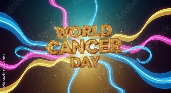 Obraz Futuristic 3D glowing ribbons floating around golden embossed text “World Cancer Day”. Cinematic gradient background