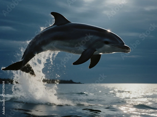 Obraz A dolphin leaping gracefully out of the sea under dramatic twilight lighting. Perfect for wildlife projects, marine conservation campaigns, travel and adventure content, and ocean-themed designs.