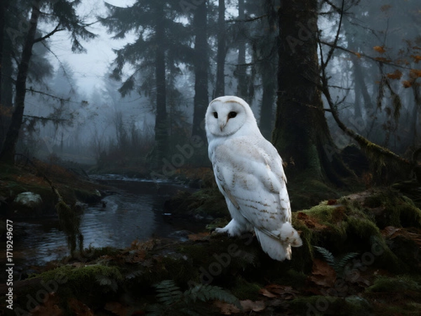 Obraz A majestic barn owl with white feathers perched on a mossy log in a misty forest near a stream. The moody and atmospheric scene is perfect for fantasy art, wildlife photography, mystical concepts