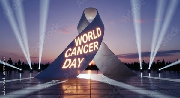 Obraz Cinematic 3D letters “World Cancer Day” carved into a glowing ribbon monument. Hopeful supportive vibe