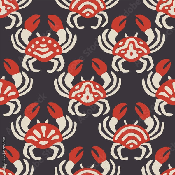 Fototapeta Seamless vector pattern with red crabs on dark background. Stylized marine animal with folk-inspired design. Playful and bold underwater theme. Vector illustration.