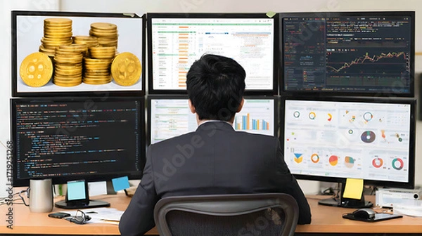 Obraz Person working at a desk with multiple monitors displaying financial data, code, and cryptocurrency visuals