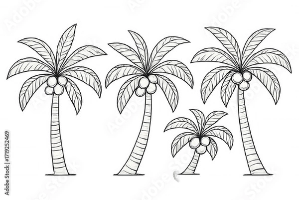 Fototapeta Hand-drawn palm trees with coconuts illustration, tropical nature sketch, summer island vacation concept art