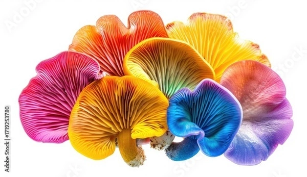 Obraz Vibrant, colorful mushrooms arranged in a cluster against a stark white background, showcasing a spectrum of hues from pink to blue