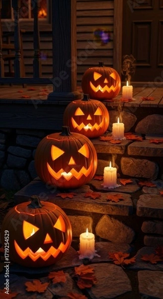 Fototapeta Illuminated jack-o'-lanterns and white candles line a rustic stone and wooden stairway, surrounded by vibrant autumn leaves, creating a cozy Halloween display at dusk